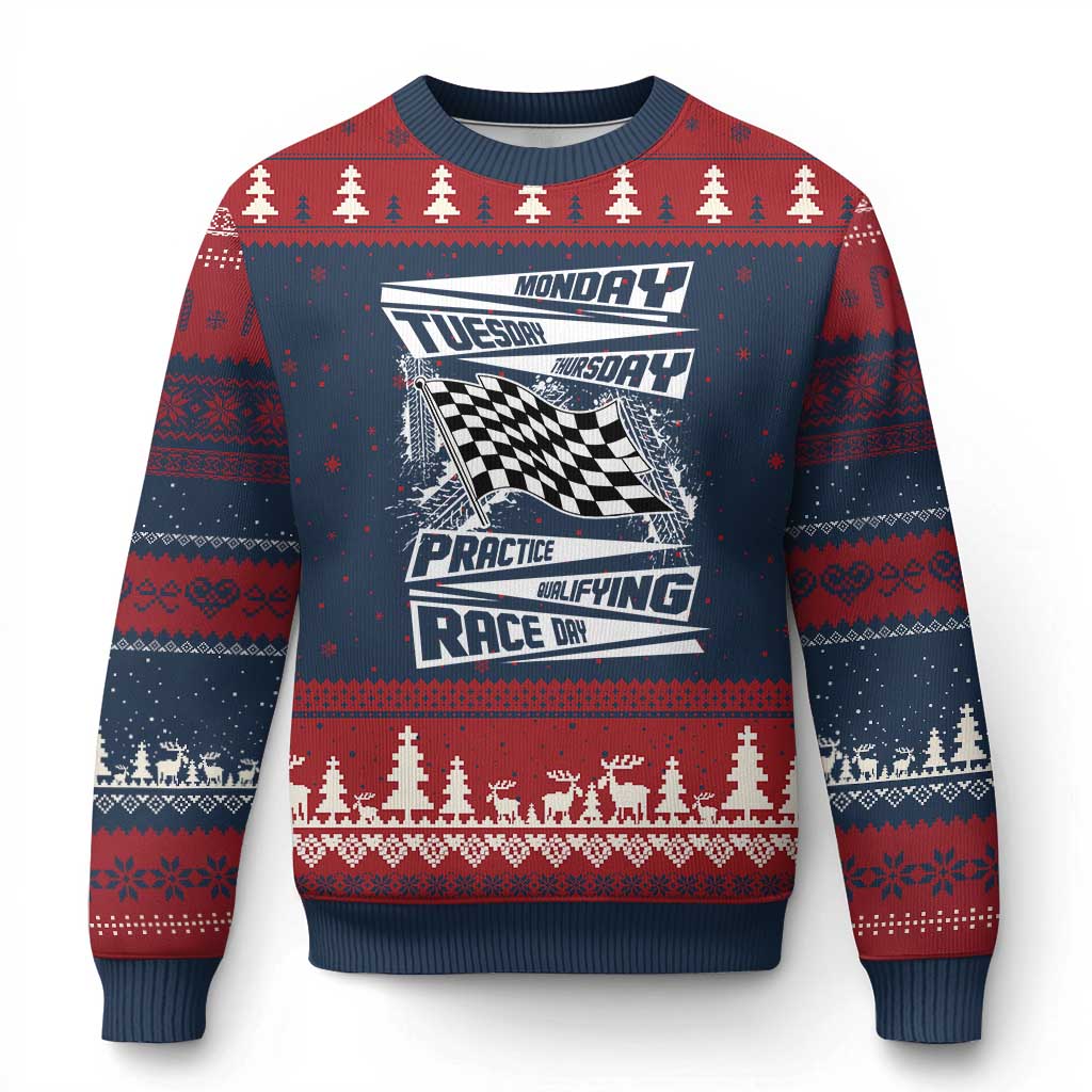 Monday Tuesday Thursday Practice Qualifying Race Day Ugly Christmas Sweater Retro Vintage Watercolors Checkered Flag TS10 Navy Red Print Your Wear