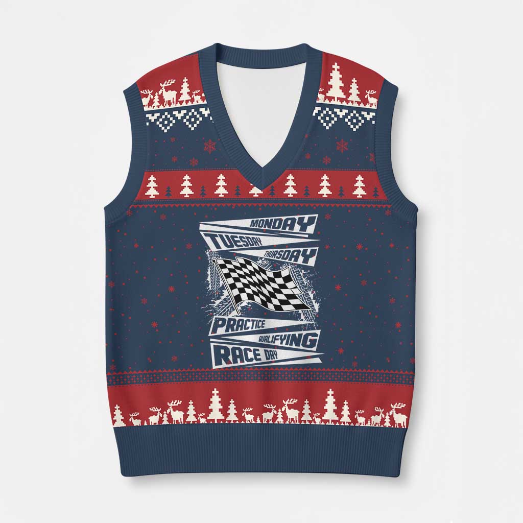 Monday Tuesday Thursday Practice Qualifying Race Day V-Neck Knit Sweater Vest Retro Vintage Watercolors Checkered Flag TS10 Navy Red Print Your Wear