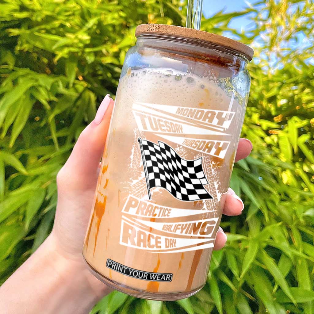 Monday Tuesday Thursday Practice Qualifying Race Day Glass Can Retro Vintage Watercolors Checkered Flag TS10 Black Print Your Wear