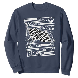 Monday Tuesday Thursday Practice Qualifying Race Day Sweatshirt Retro Vintage Watercolors Checkered Flag TS10 Navy Print Your Wear