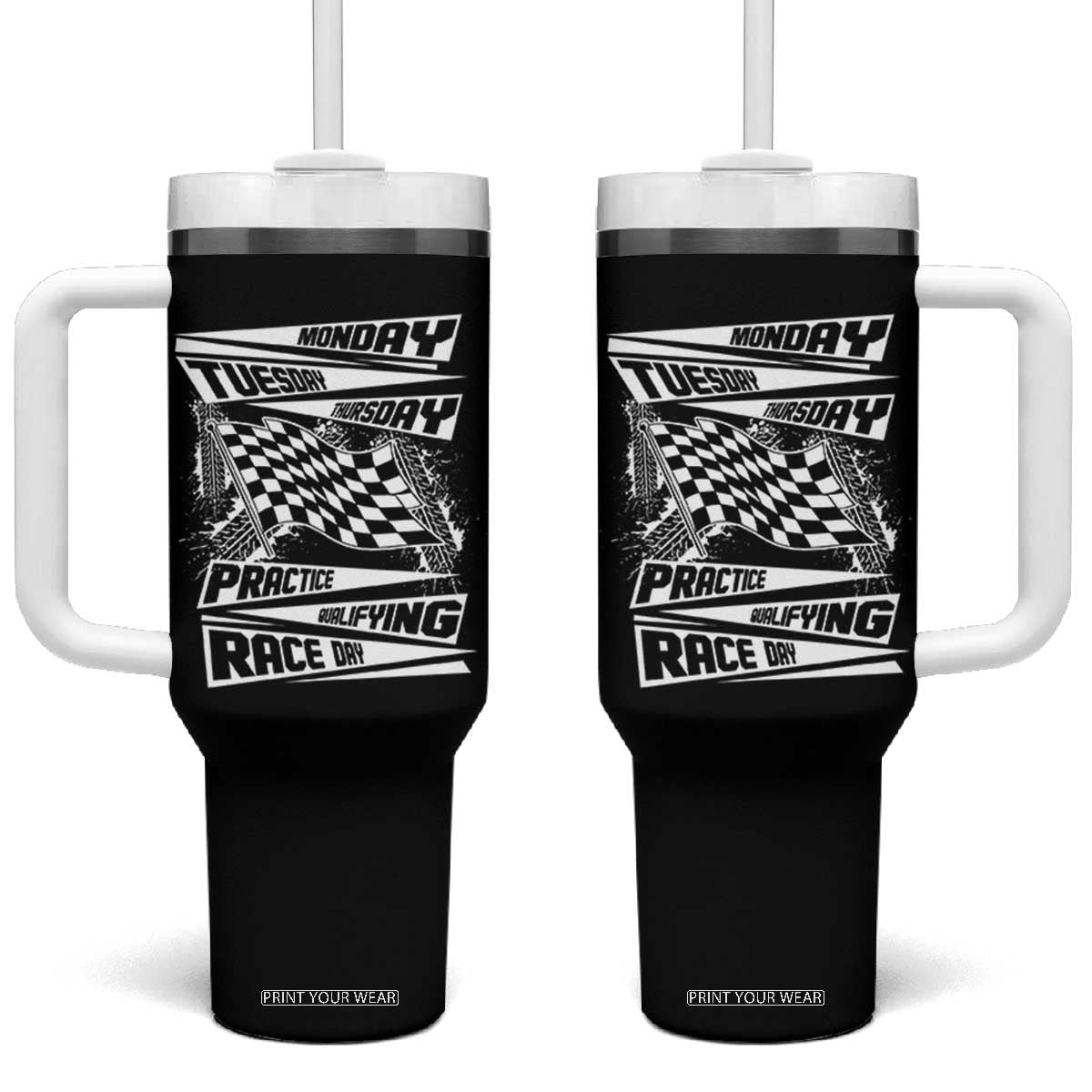 Monday Tuesday Thursday Practice Qualifying Race Day Tumbler With Handle Retro Vintage Watercolors Checkered Flag TS10 One Size: 40 oz Black Print Your Wear
