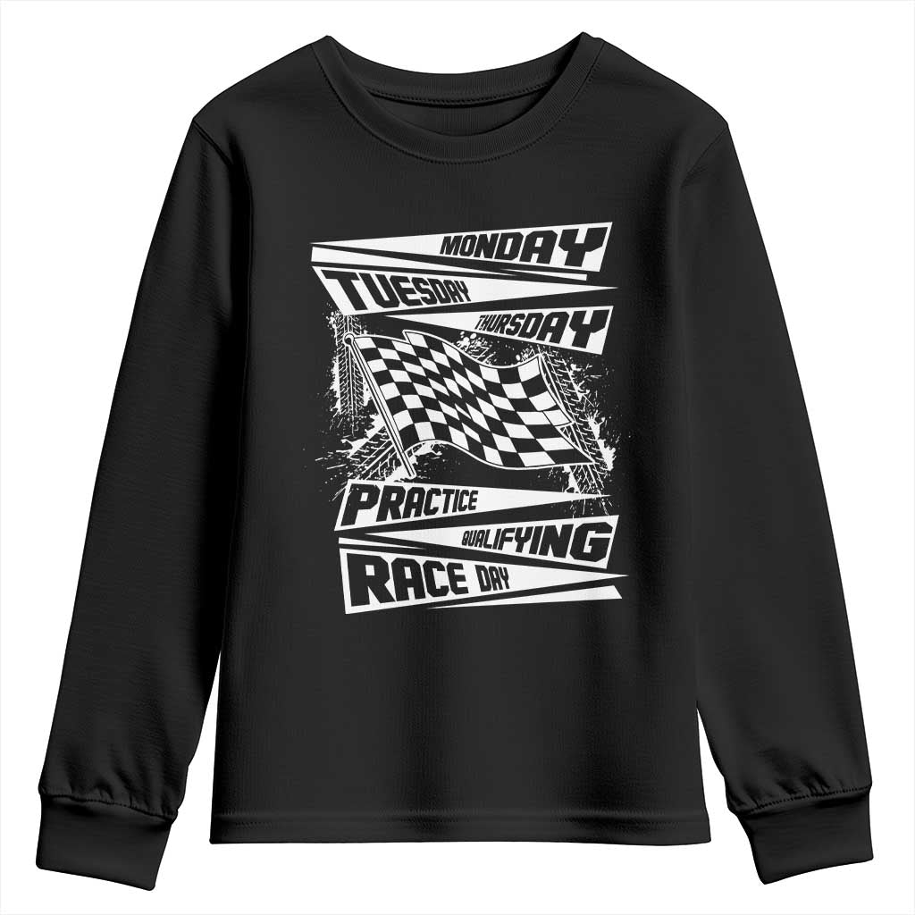 Monday Tuesday Thursday Practice Qualifying Race Day Youth Sweatshirt Retro Vintage Watercolors Checkered Flag TS10 Black Print Your Wear