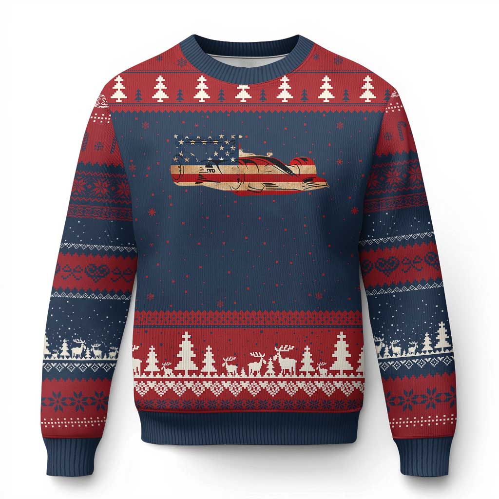 Racing Car Ugly Christmas Sweater Retro Style Vintage American Flag TS10 Navy Red Print Your Wear