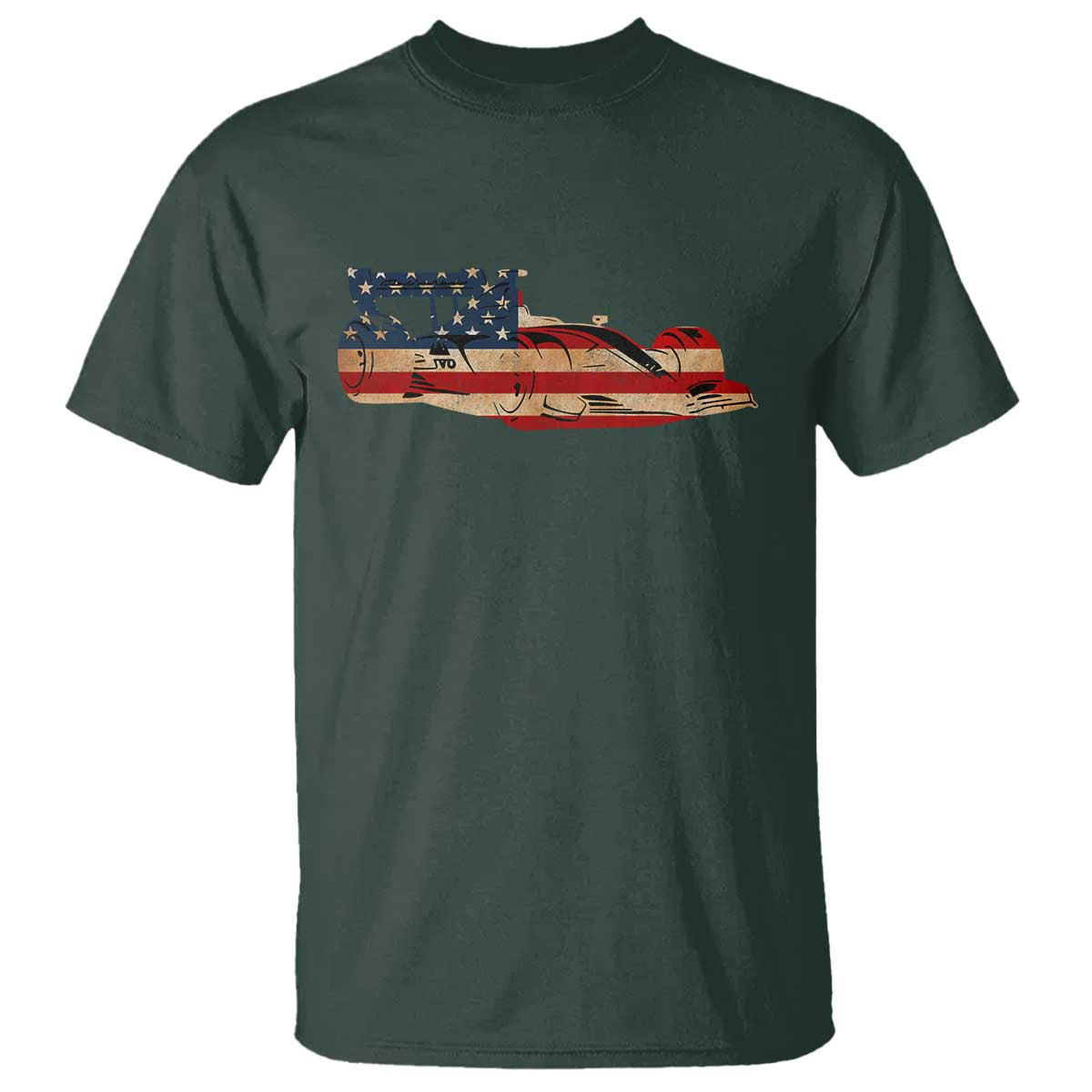 Racing Car T Shirt Retro Style Vintage American Flag TS10 Dark Forest Green Print Your Wear