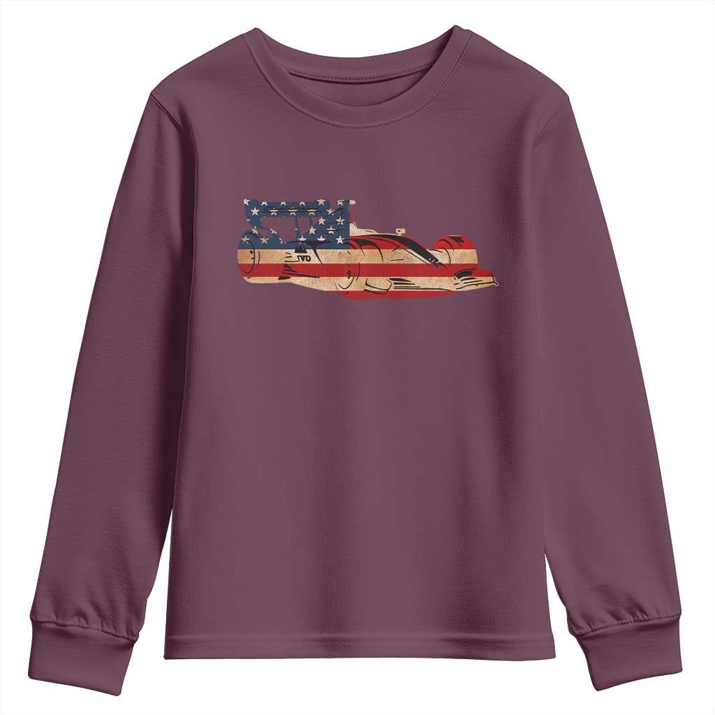 Racing Car Youth Sweatshirt Retro Style Vintage American Flag TS10 Maroon Print Your Wear