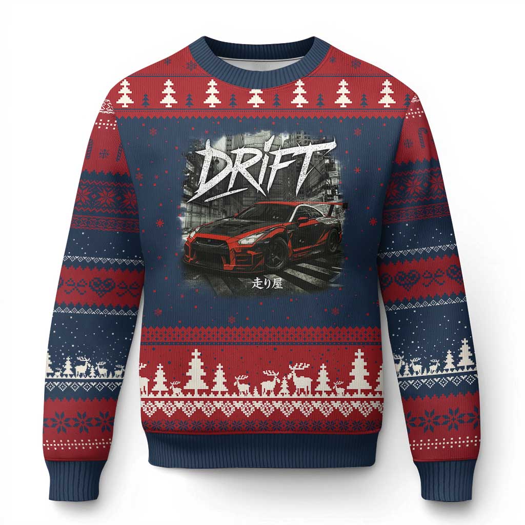 Vintage Japanese Drift Race Car Ugly Christmas Sweater Retro Vintage JDM Tokyo Japan Drifting TS10 Navy Red Print Your Wear