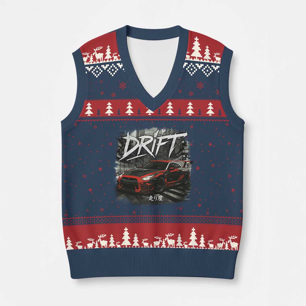 Vintage Japanese Drift Race Car V-Neck Knit Sweater Vest Retro Vintage JDM Tokyo Japan Drifting TS10 Navy Red Print Your Wear