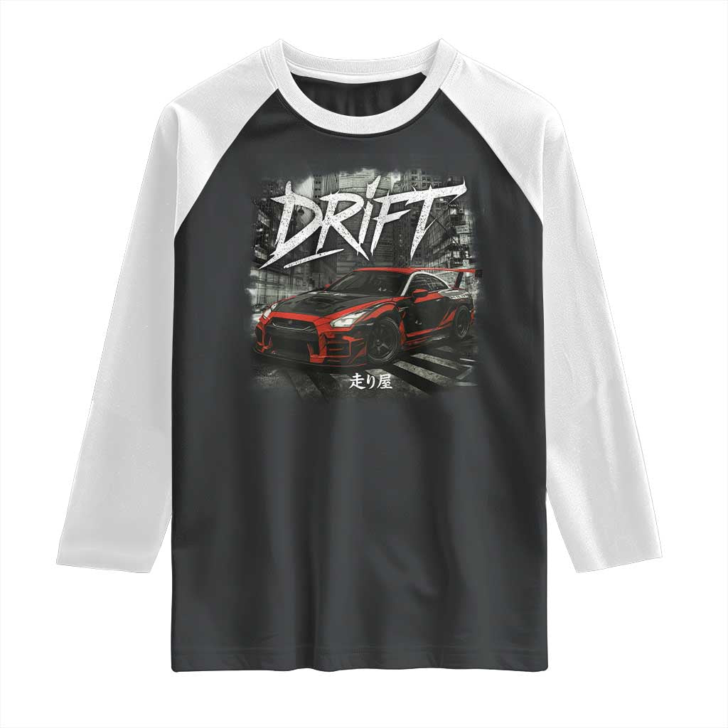Vintage Japanese Drift Race Car Raglan Shirt Retro Vintage JDM Tokyo Japan Drifting TS10 Black White Print Your Wear