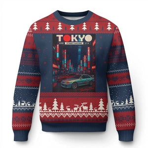 Distress JDM Tokyo Japan Drift Race Car Ugly Christmas Sweater Retro Vintage Japanese Graphic TS10 Navy Red Print Your Wear