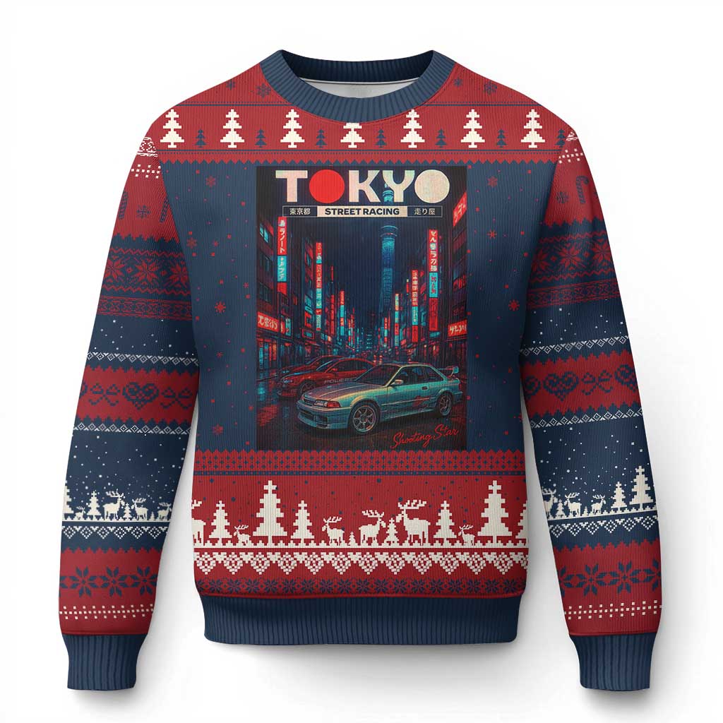 Distress JDM Tokyo Japan Drift Race Car Ugly Christmas Sweater Retro Vintage Japanese Graphic TS10 Navy Red Print Your Wear