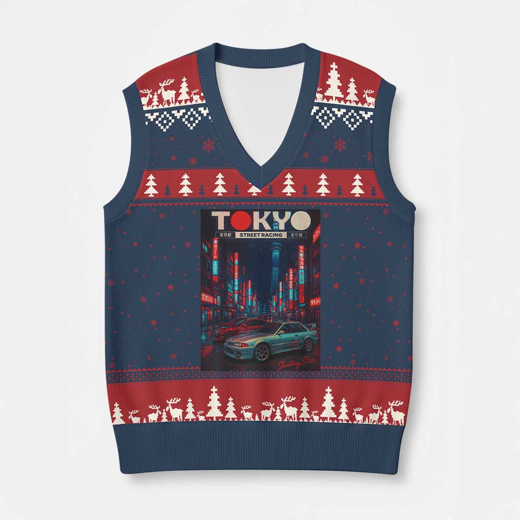 Distress JDM Tokyo Japan Drift Race Car V-Neck Knit Sweater Vest Retro Vintage Japanese Graphic TS10 Navy Red Print Your Wear