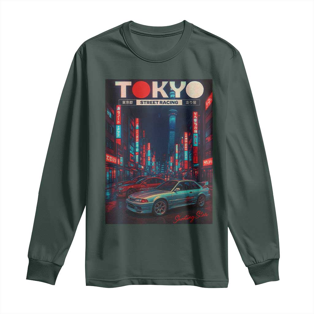 Distress JDM Tokyo Japan Drift Race Car Long Sleeve Shirt Retro Vintage Japanese Graphic TS10 Dark Forest Green Print Your Wear