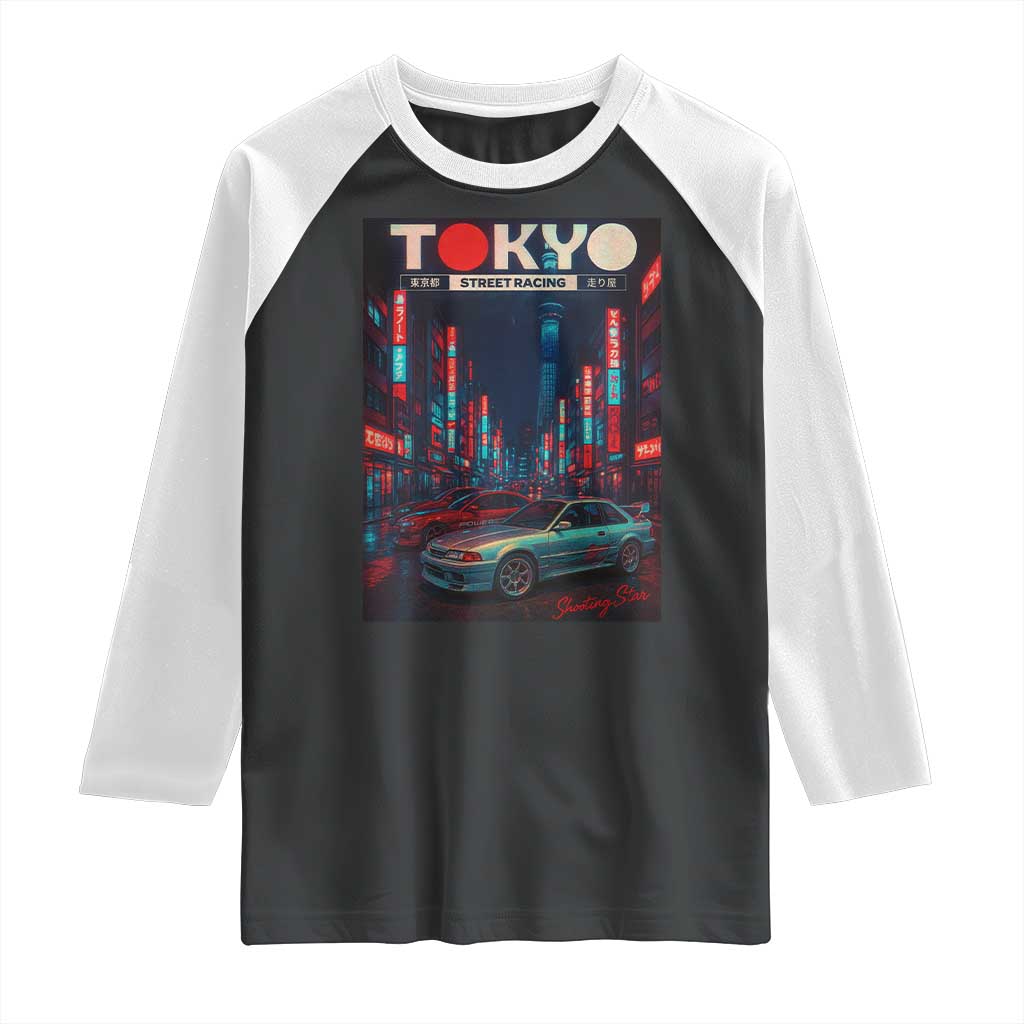 Distress JDM Tokyo Japan Drift Race Car Raglan Shirt Retro Vintage Japanese Graphic TS10 Black White Print Your Wear