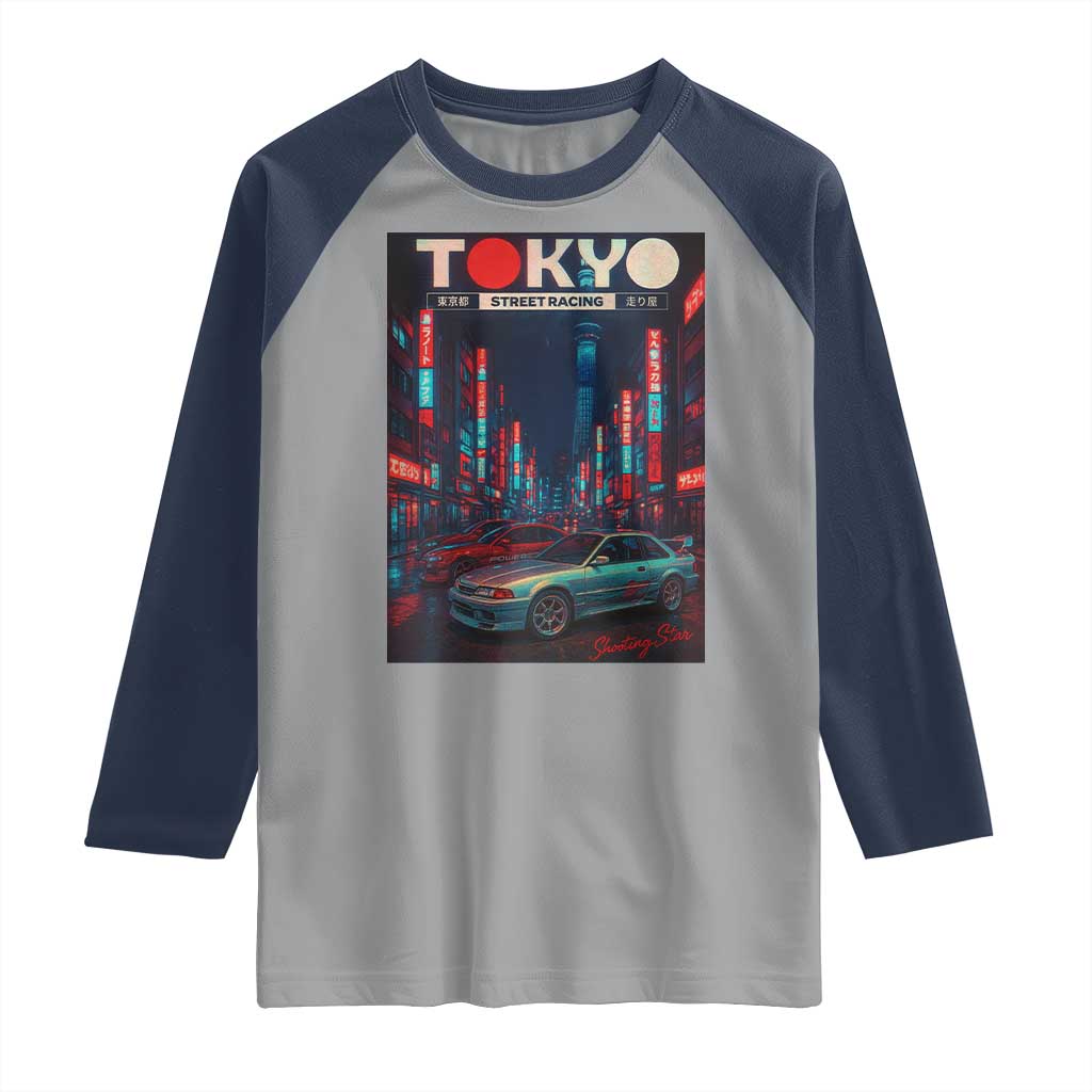 Distress JDM Tokyo Japan Drift Race Car Raglan Shirt Retro Vintage Japanese Graphic TS10 Sport Gray Navy Print Your Wear