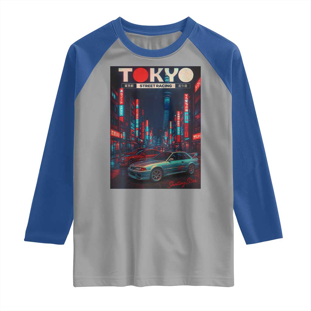 Distress JDM Tokyo Japan Drift Race Car Raglan Shirt Retro Vintage Japanese Graphic TS10 Sport Gray Royal Print Your Wear
