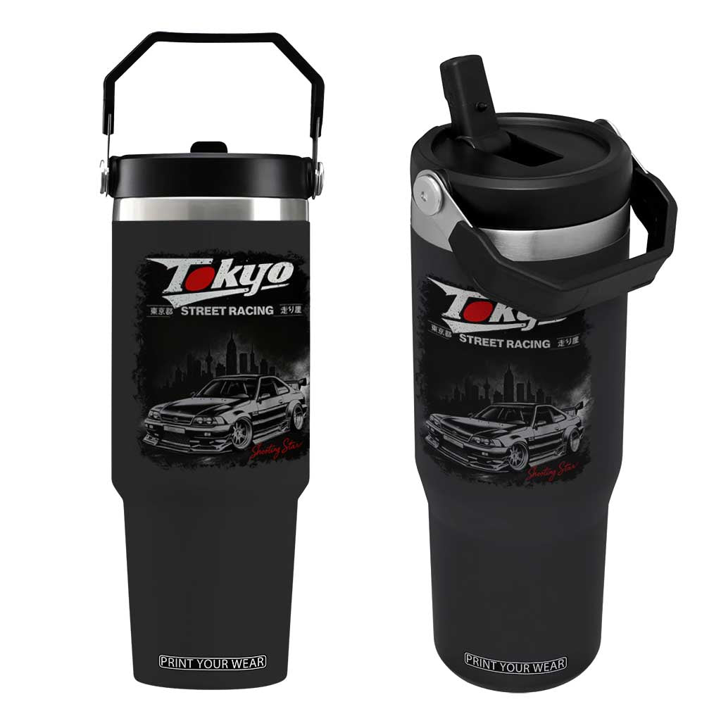 Retro JDM Drift Car Flip Straw Tumbler Japanese Tokyo Japan Drifting Race Car TS10 One Size: 30 oz Black Print Your Wear