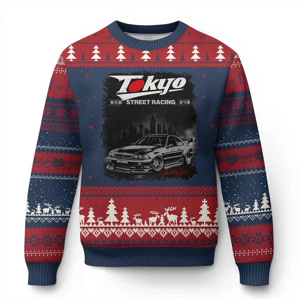 Retro JDM Drift Car Ugly Christmas Sweater Japanese Tokyo Japan Drifting Race Car TS10 Navy Red Print Your Wear