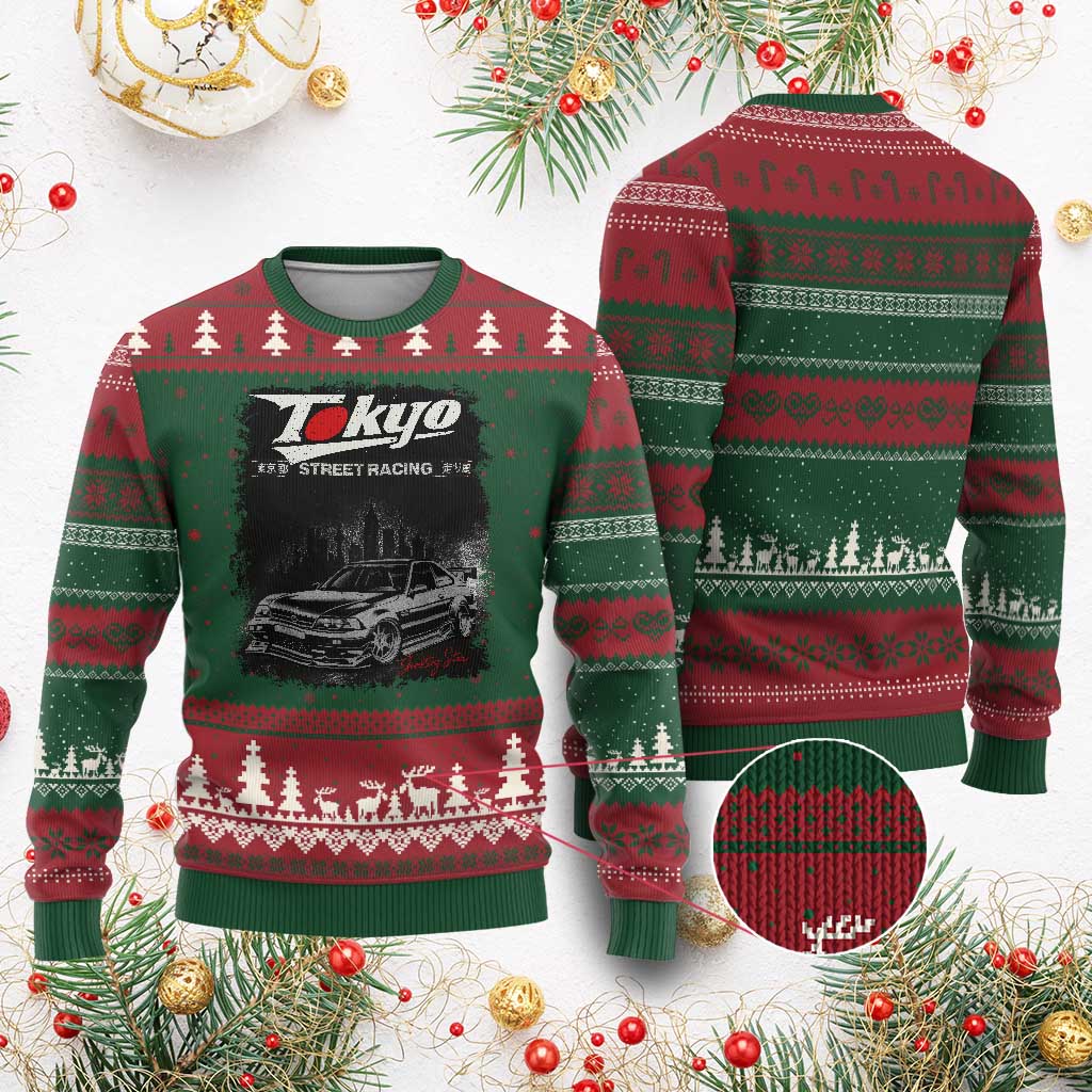 Retro JDM Drift Car Ugly Christmas Sweater Japanese Tokyo Japan Drifting Race Car TS10 Red Green Print Your Wear
