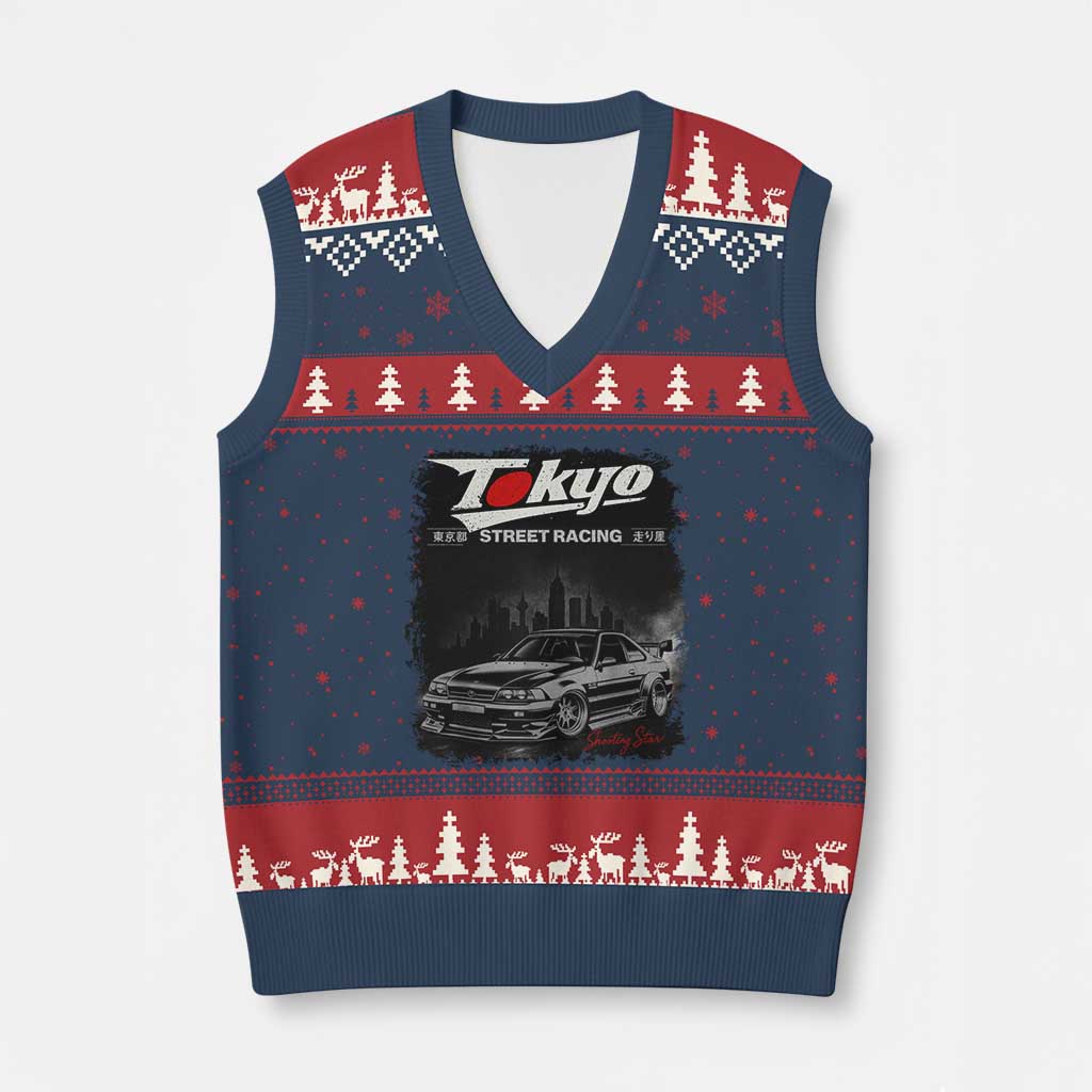Retro JDM Drift Car V-Neck Knit Sweater Vest Japanese Tokyo Japan Drifting Race Car TS10 Navy Red Print Your Wear