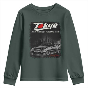 Retro JDM Drift Car Youth Sweatshirt Japanese Tokyo Japan Drifting Race Car TS10 Dark Forest Green Print Your Wear