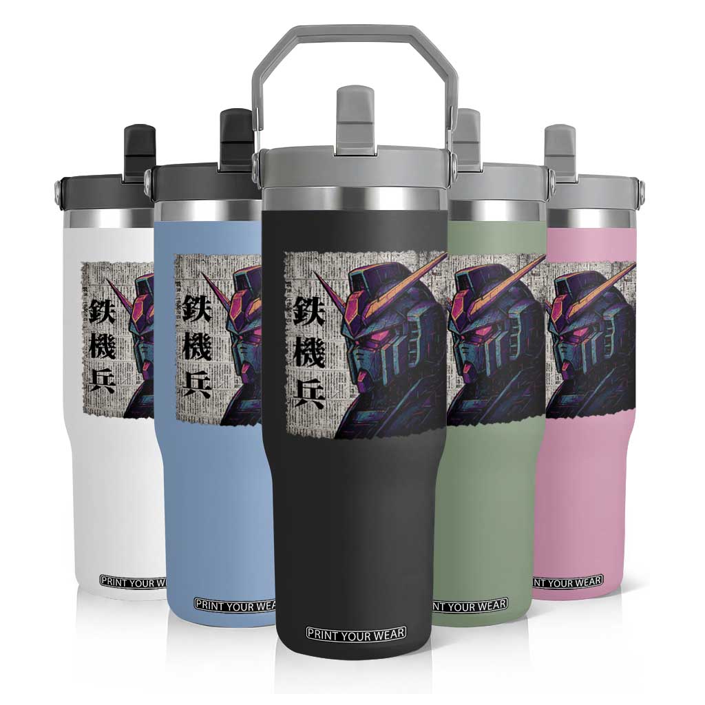 Japanese Mecha Robot Flip Straw Tumbler Samurai Inspired Futuristic Kanji Design TS10 Print Your Wear