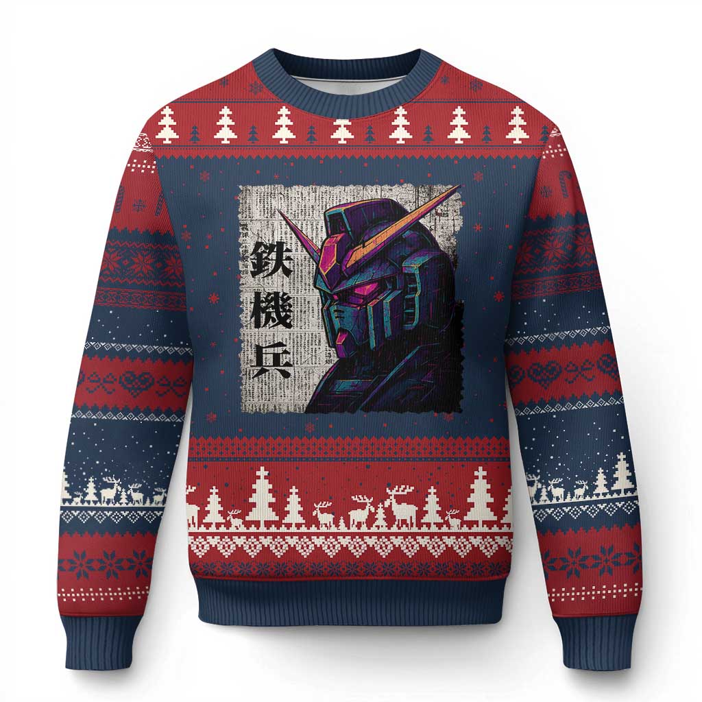 Japanese Mecha Robot Ugly Christmas Sweater Samurai Inspired Futuristic Kanji Design TS10 Navy Red Print Your Wear
