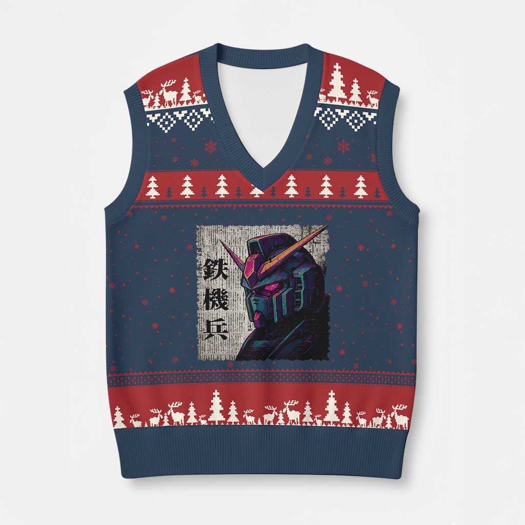 Japanese Mecha Robot V-Neck Knit Sweater Vest Samurai Inspired Futuristic Kanji Design TS10 Navy Red Print Your Wear