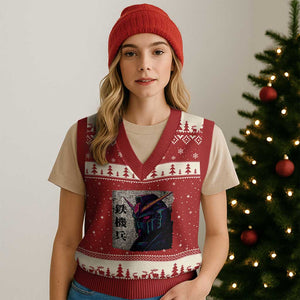 Japanese Mecha Robot V-Neck Knit Sweater Vest Samurai Inspired Futuristic Kanji Design TS10 Red Beige Print Your Wear