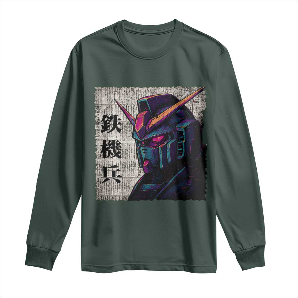 Japanese Mecha Robot Long Sleeve Shirt Samurai Inspired Futuristic Kanji Design TS10 Dark Forest Green Print Your Wear