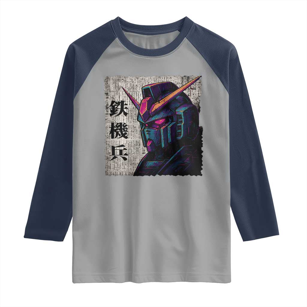 Japanese Mecha Robot Raglan Shirt Samurai Inspired Futuristic Kanji Design TS10 Sport Gray Navy Print Your Wear