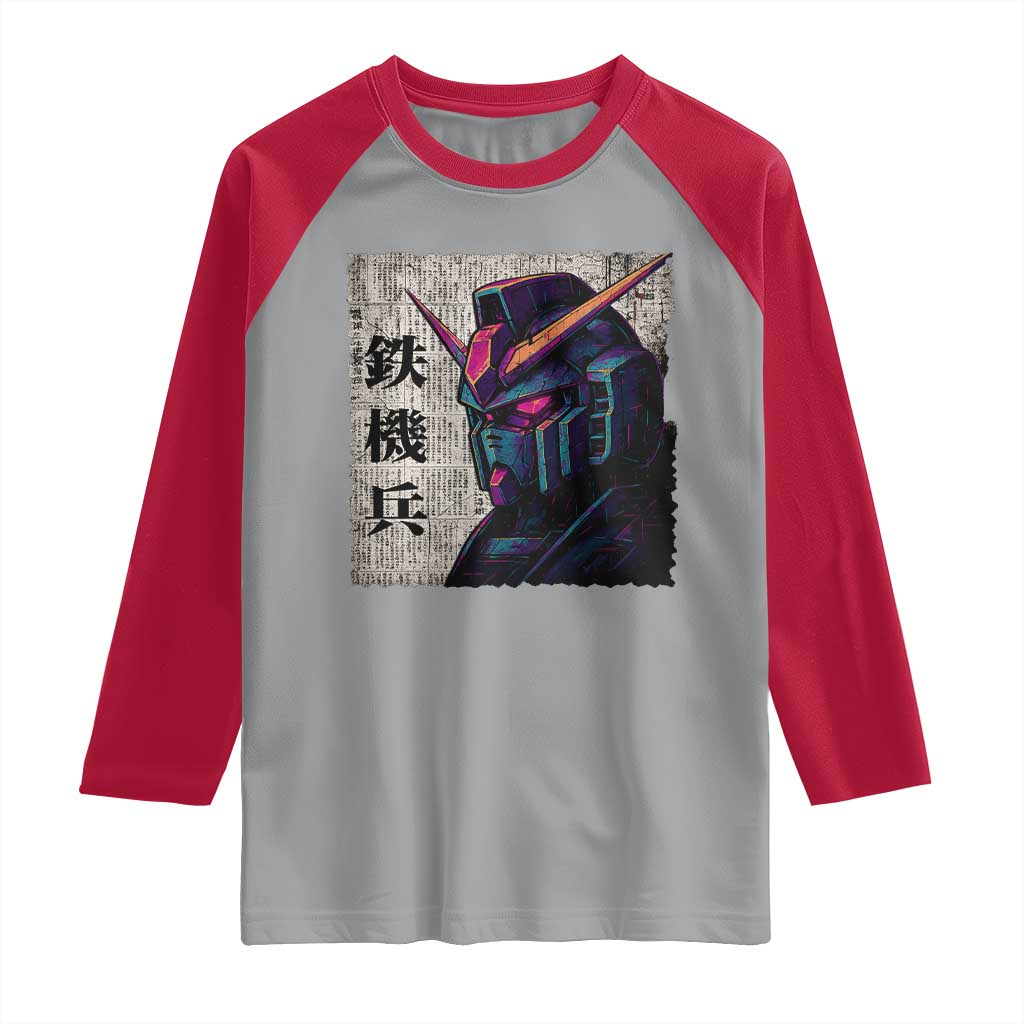 Japanese Mecha Robot Raglan Shirt Samurai Inspired Futuristic Kanji Design TS10 Sport Gray Red Print Your Wear