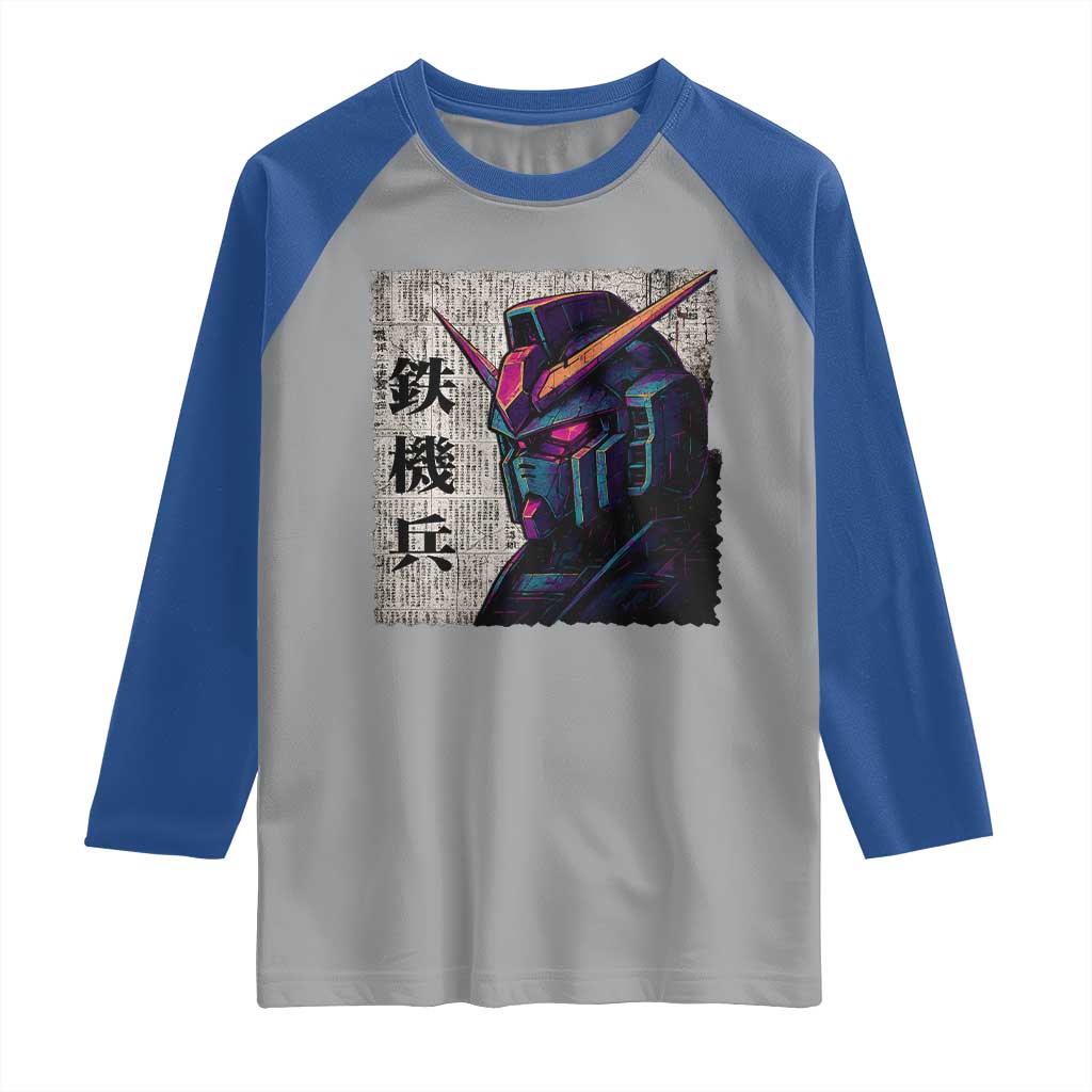 Japanese Mecha Robot Raglan Shirt Samurai Inspired Futuristic Kanji Design TS10 Sport Gray Royal Print Your Wear