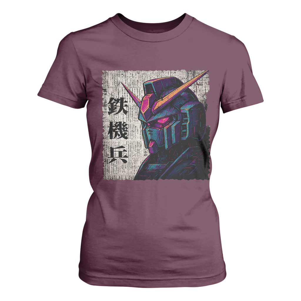 Japanese Mecha Robot T Shirt For Women Samurai Inspired Futuristic Kanji Design TS10 Maroon Print Your Wear