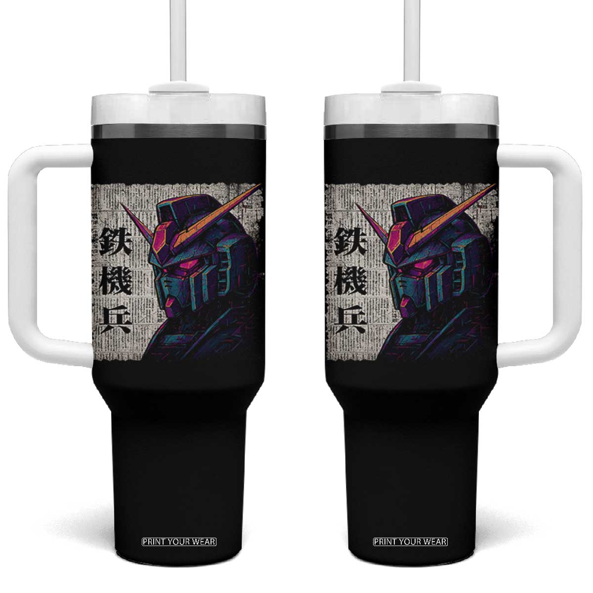 Japanese Mecha Robot Tumbler With Handle Samurai Inspired Futuristic Kanji Design TS10 One Size: 40 oz Black Print Your Wear