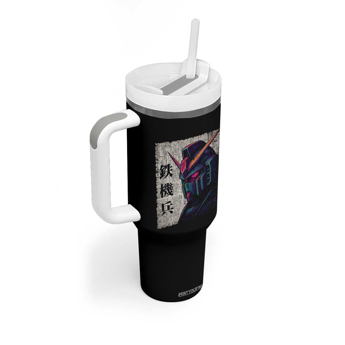 Japanese Mecha Robot Tumbler With Handle Samurai Inspired Futuristic Kanji Design TS10 Print Your Wear