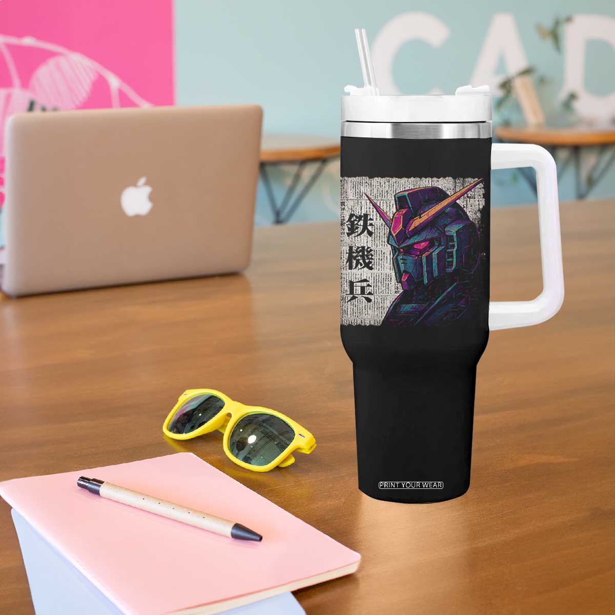 Japanese Mecha Robot Tumbler With Handle Samurai Inspired Futuristic Kanji Design TS10 Print Your Wear