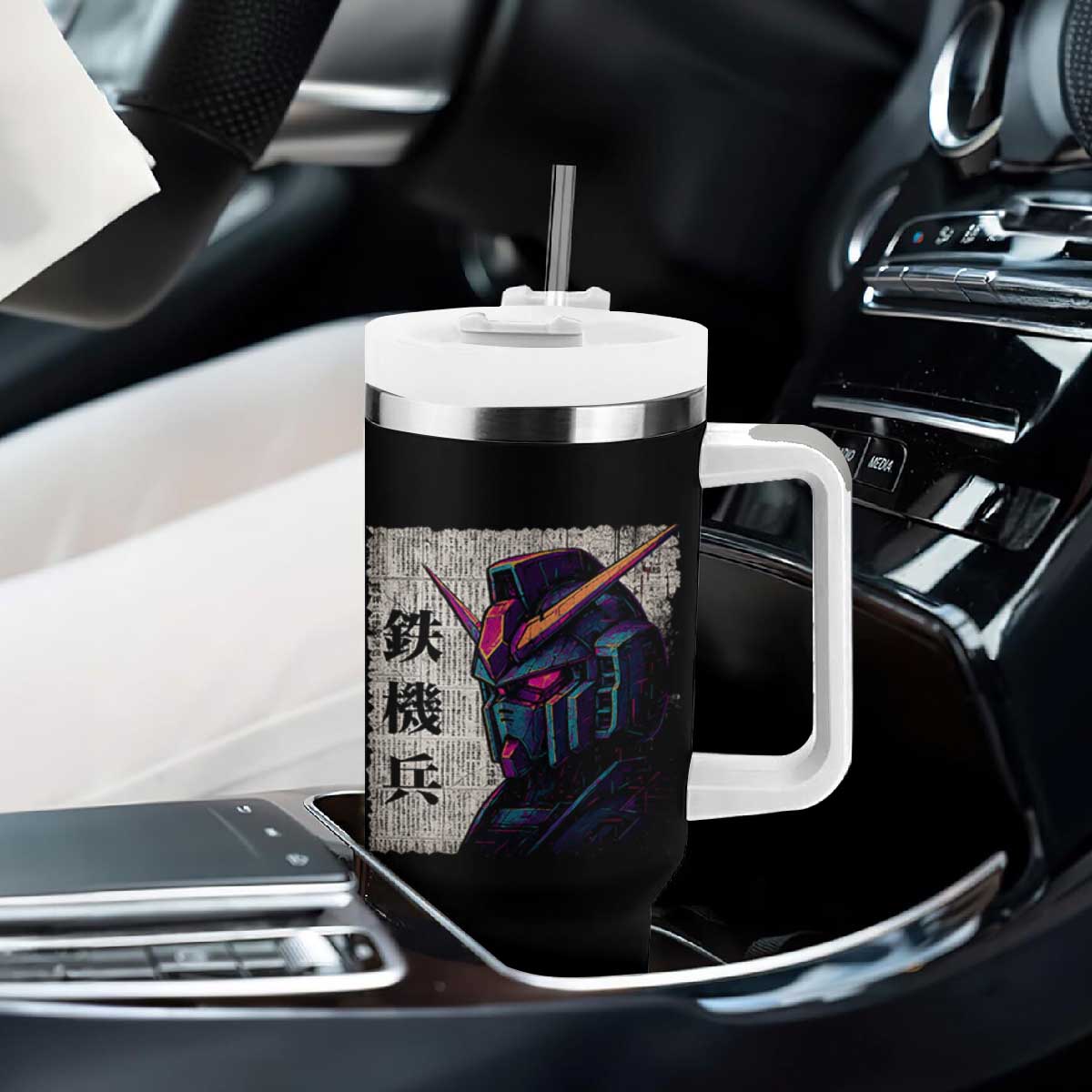 Japanese Mecha Robot Tumbler With Handle Samurai Inspired Futuristic Kanji Design TS10 Print Your Wear