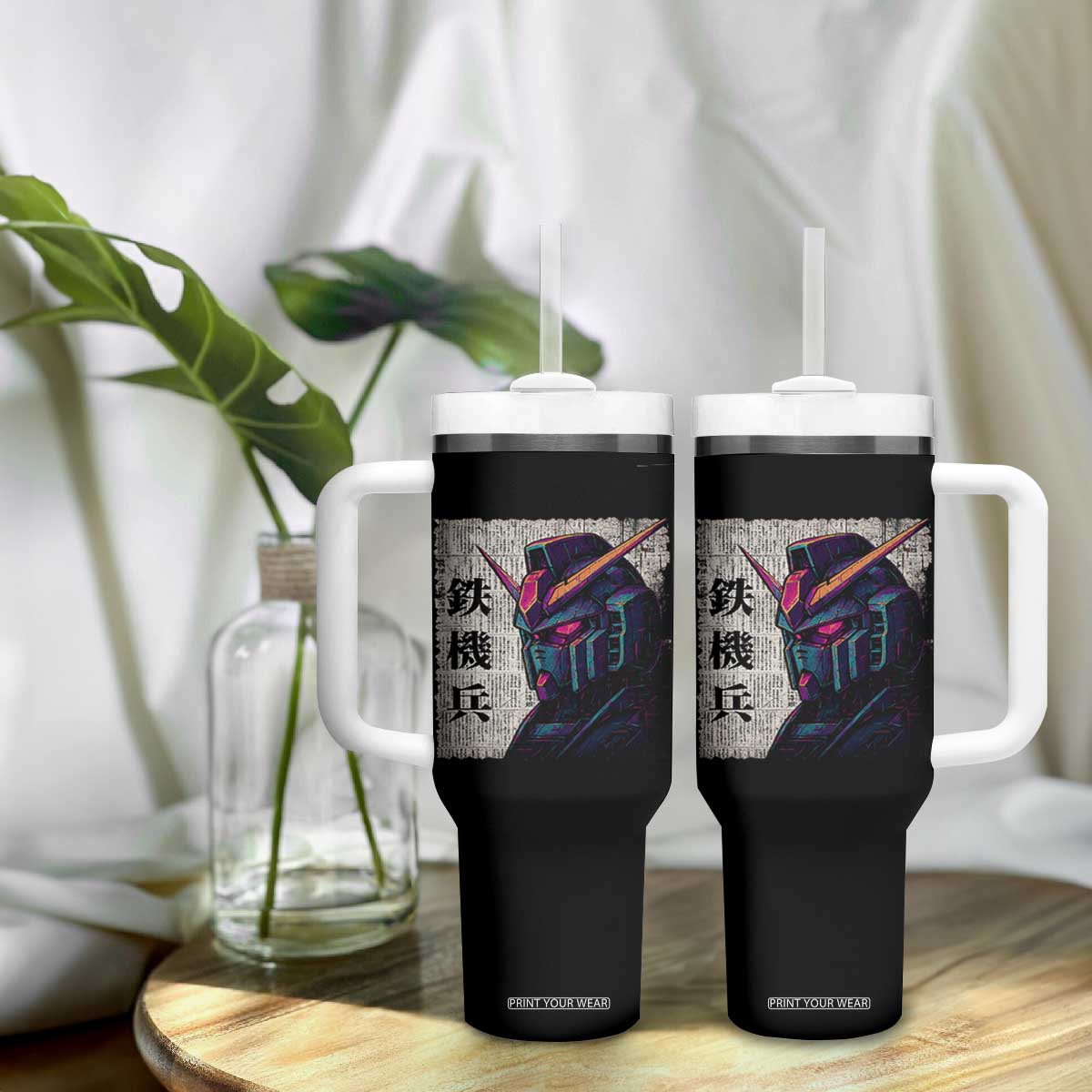 Japanese Mecha Robot Tumbler With Handle Samurai Inspired Futuristic Kanji Design TS10 Print Your Wear