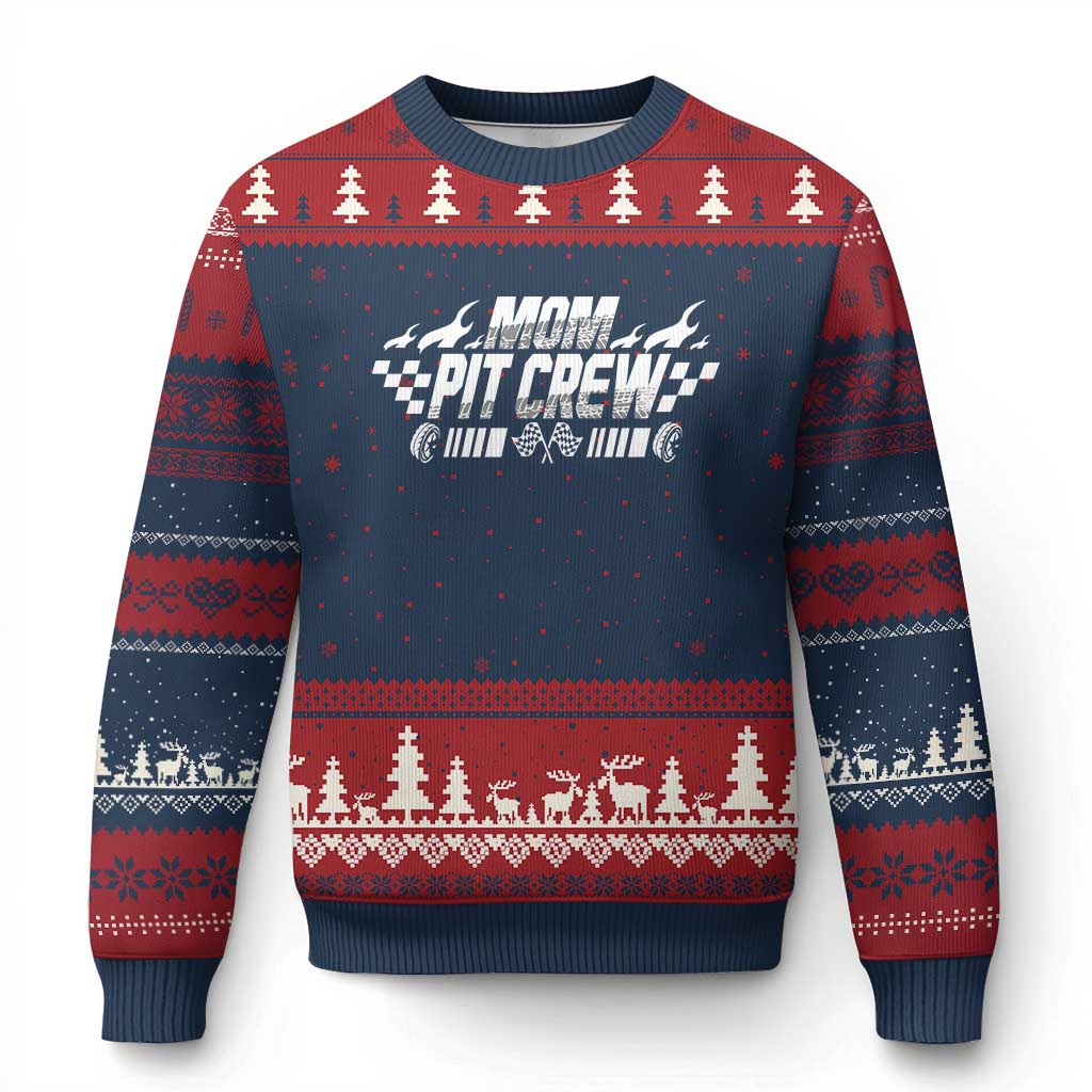 Mom Pit Crew Ugly Christmas Sweater Race Car Family Racing Birthday Hosting Parties TS10 Navy Red Print Your Wear