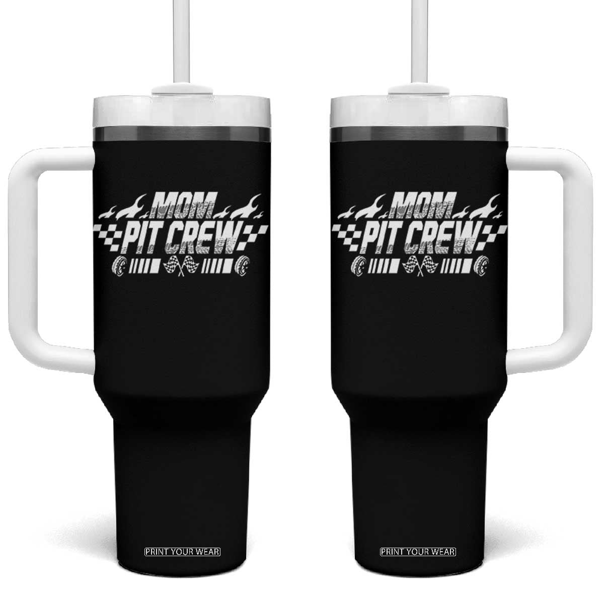 Mom Pit Crew Tumbler With Handle Race Car Family Racing Birthday Hosting Parties TS10 One Size: 40 oz Black Print Your Wear