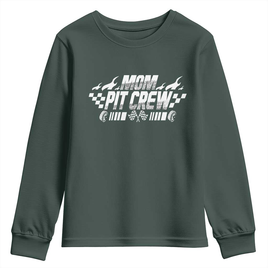 Mom Pit Crew Youth Sweatshirt Race Car Family Racing Birthday Hosting Parties TS10 Dark Forest Green Print Your Wear