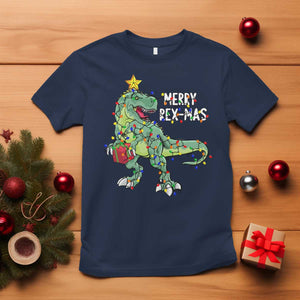 Dinosaur Christmas Tree Rex T Shirt Merry Rex-Mas Xmas Pet Dino Trex Xmas Lights TS10 Navy Print Your Wear
