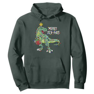 Dinosaur Christmas Tree Rex Hoodie Merry Rex-Mas Xmas Pet Dino Trex Xmas Lights TS10 Dark Forest Green Print Your Wear