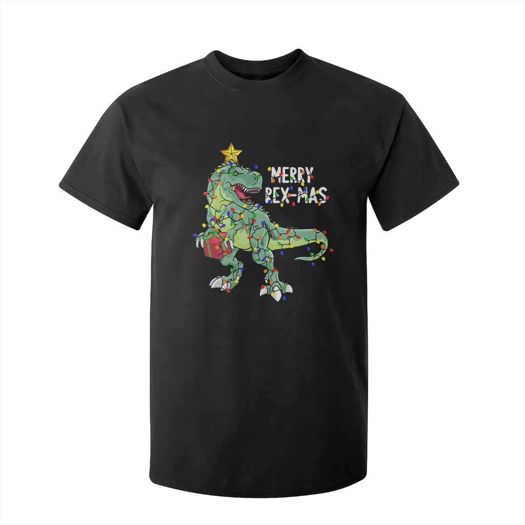 Dinosaur Christmas Tree Rex T Shirt For Kid Merry Rex-Mas Xmas Pet Dino Trex Xmas Lights TS10 Black Print Your Wear