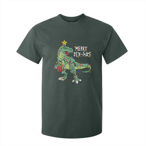 Dinosaur Christmas Tree Rex T Shirt For Kid Merry Rex-Mas Xmas Pet Dino Trex Xmas Lights TS10 Dark Forest Green Print Your Wear