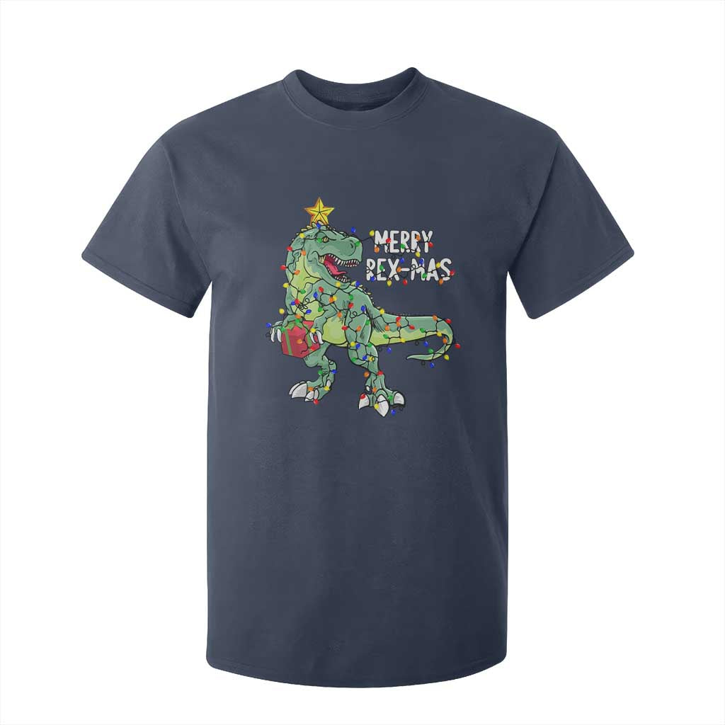 Dinosaur Christmas Tree Rex T Shirt For Kid Merry Rex-Mas Xmas Pet Dino Trex Xmas Lights TS10 Navy Print Your Wear