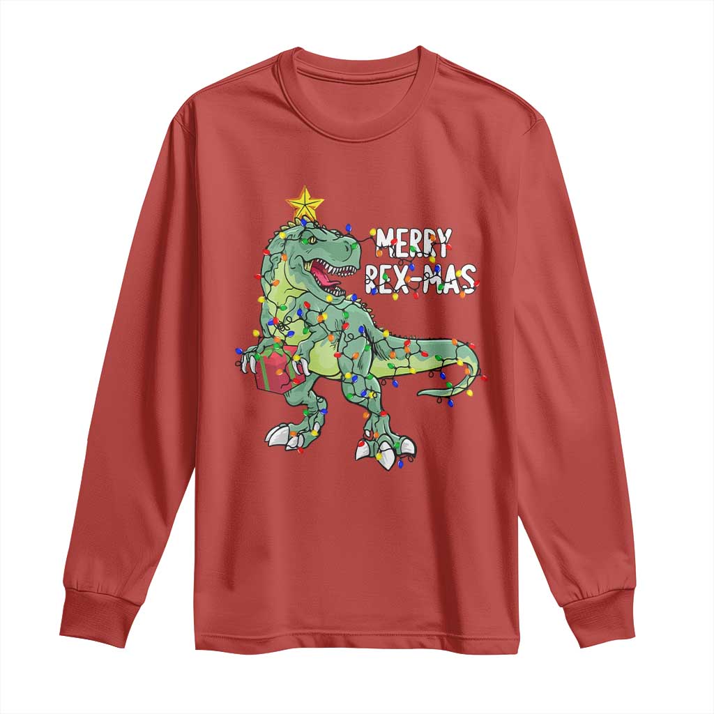 Dinosaur Christmas Tree Rex Long Sleeve Shirt Merry Rex-Mas Xmas Pet Dino Trex Xmas Lights TS10 Red Print Your Wear