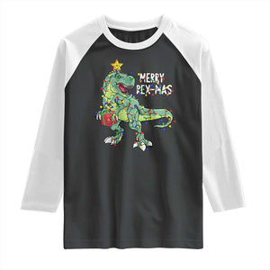 Dinosaur Christmas Tree Rex Raglan Shirt Merry Rex-Mas Xmas Pet Dino Trex Xmas Lights TS10 Black White Print Your Wear