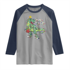Dinosaur Christmas Tree Rex Raglan Shirt Merry Rex-Mas Xmas Pet Dino Trex Xmas Lights TS10 Sport Gray Navy Print Your Wear
