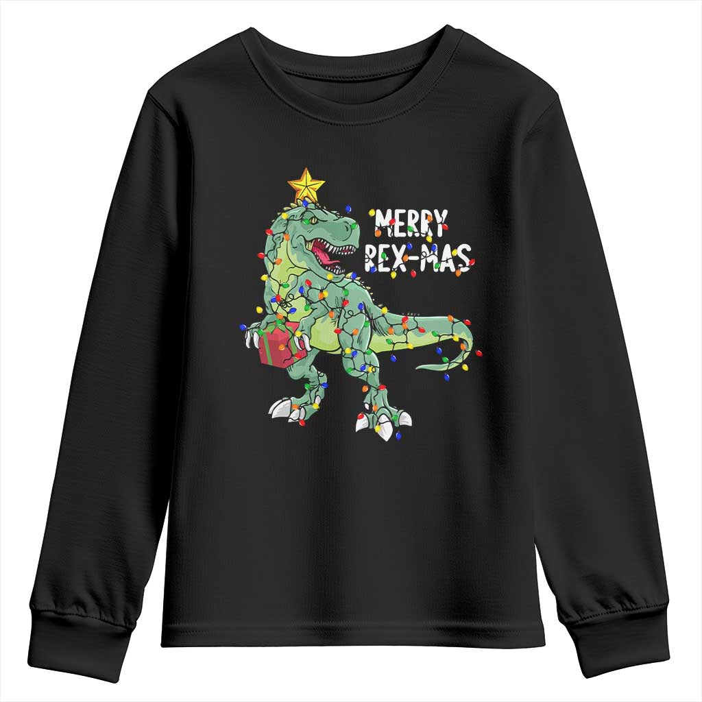 Dinosaur Christmas Tree Rex Youth Sweatshirt Merry Rex-Mas Xmas Pet Dino Trex Xmas Lights TS10 Black Print Your Wear